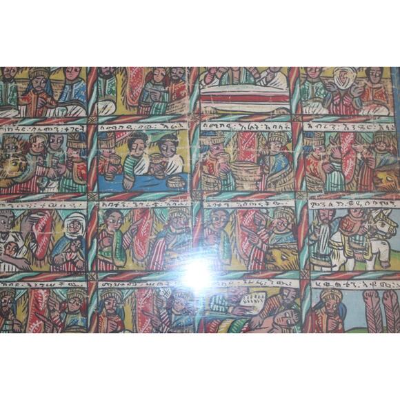 Vintage Ethiopian Biblical Religious Story Painting African Folk Art 15” x 19” - Picture 3 of 16
